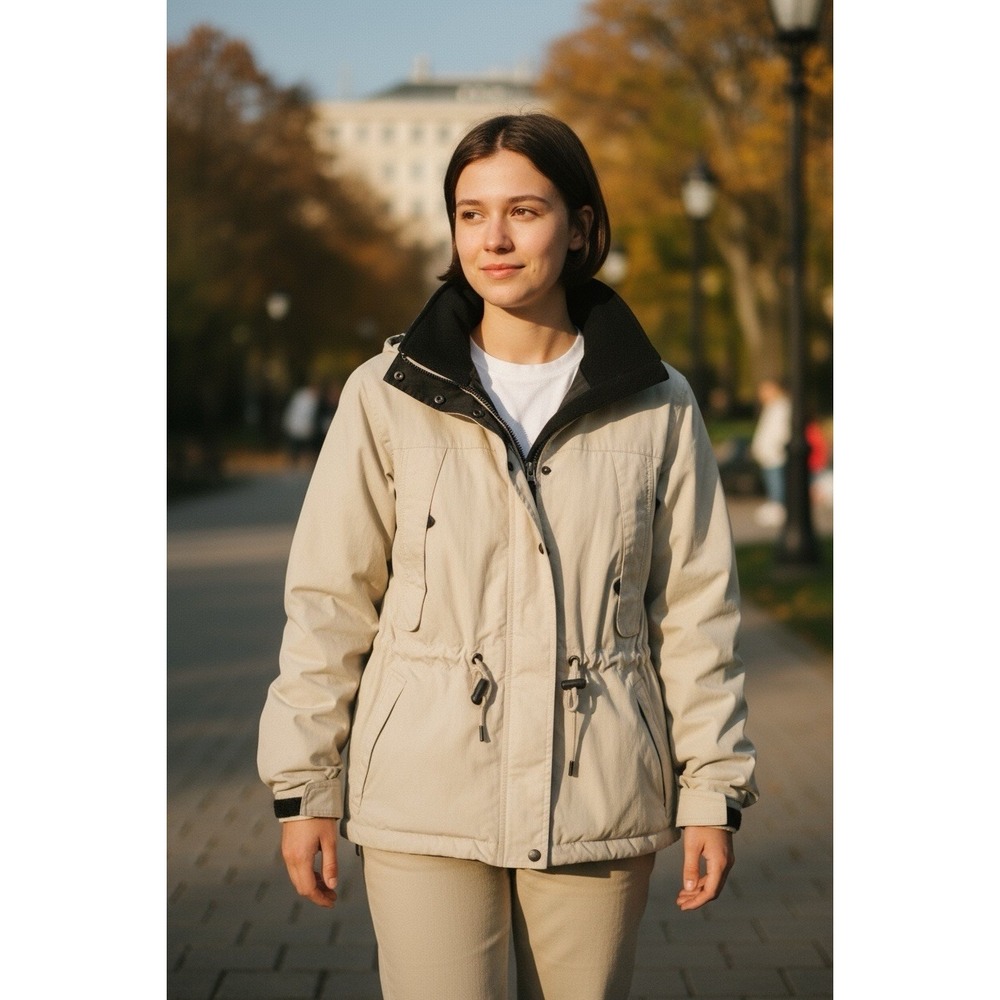 Coat - Eddie Bauer Fleece Lined Hooded Jacket Coat Ladies Medium Tan Full Zip
